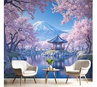 Powder Blue Mural Photo Wallpaper,Cherry Blossom Mount Fuji Wallpaper For Living Room Tv Backdrop Office,3D Effect Japanese Landscape Large Wall Mural Paper Decoration Poster Picture,300X210Cm