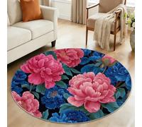 Powder Blue Round Children's Rug, 150 cm Soft Traditional Realistic Floral Leaf Carpet - Machine Washable Non-Slip Floor Circle Mats for Dining Room Entryway Elder'S Room