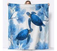 Powder Blue Throw Blanket Watercolor Retro Coral Turtle All Season Flannel Blanket 39 x 51 in, Powder Blue Soft and Light Cozy Fluffy Plush Blanket Gift for Adults Teen and Children, 100 x 130 cm