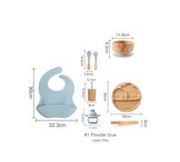 (Powder blue) Wooden Dinner Plate Feeding Supplies Bamboo Baby Tableware Silicone Suction Plate Bowl BPA Free Baby Stuff Newborn Accessories