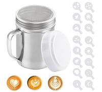 Powder Shaker Stainless Steel Chocolate Powder with Fine Mesh Sieve Sifter Icing Sugar Duster with Handle and Lid with 16 Moulds for Cappuccino Cocoa Creams Coffee Spice