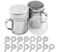 Powdered Sugar Shaker Duster with Handle, SENHAI 2pcs Stainless Steel Powder Shakers for Sugar Pepper Cinnamon Powder Flour with Printing Molds Stencils - Fine & Large Mesh