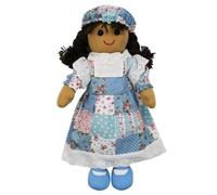 Powell Craft Fabric Rag Doll in Blue Patchwork Dress, 40cm | Dark Brown Yarn Hair, Lace Trim Detail, Matching Bonnet Hat, Blue Mary Jane Shoes, Girls Soft Toy