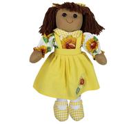 Powell Craft Fabric Rag Doll Sunflower Design | Brown Yarn Hair, Yellow Gingham Trim Detail, Matching Hair Bows, Yellow Gingham Mary Jane Shoes, Girls Soft Toy