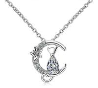 Power 925 Silver Cat Moon Pendant Necklace, Silver and Gold