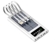 Power Bank 30000Mah Portable Solar Charger, Fast Charging Battery Pack Built-In 3 Kinds Output Cable And LED Bright Flashlights for All Cell Phone And Electronic Devices,White