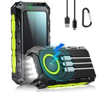 Power Bank 52800mAh Solar Charger, 30W PD Fast Charging, Wireless Charger, Battery Pack with 3 Built-in Cables, 7 Outputs, Flashlights, Portable Charger for Camping, Outdoor, Emergency (Black Green)