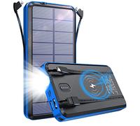 Power Bank Built in Cable 26800mAh Wireless Portable Charger Solar Battery Pack with 2 Outputs & LED Flashlight for Smartphone and Camping Hiking