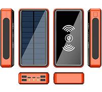 Power Bank Portable Charger Solar Power Bank 10W Wireless Solar Charger Fast Charging External Battery Pack Portable 4 Output (Usb) Led Flashlight Waterproof,Orange,50000Mah