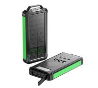Power Bank Wireless 10000mAh with Built-In Cable Solar Outdoor Charging Portable Mobile Power Supply Anti-Slip and Anti-Drop Design,Green