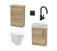 Power Cloakroom Bundle - Right Wall Hung Vanity Unit, Concealed Cistern WC Unit, Toilet & Tap, 440mm - Oak/Black - Balterley