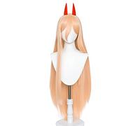 Power Cosplay Wigs for Anime Long Orange Wig with Horns for Halloween Costume Party Adult Hair Wig