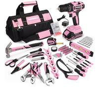 Pink Power Drill Set, 253-Piece Cordless Lithium-ion Drill Driver and Home Tool Set, 20V Electric Drill Sets Home Repairing Tool Kit with Drill with Storage Bag