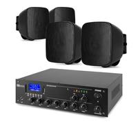 Power Dynamics 2-Zone PD Wall Mounted Speaker System with 4x 3 Black Indoor Outdoor Speakers, 2-Zone Mixer Amplifier, 50m Cable, Bluetooth, USB, for Pubs, Bars, Retail, Installed Sound