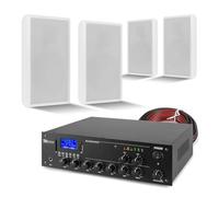 Power Dynamics 2-zone Wall Mounted Speaker System with 4 Slim 100V Line Speakers, PPA502 Bluetooth 2-zone Mixer Amplifier, 100m Cable, Commercial Background Music and Announcements, White Finish