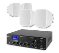Power Dynamics 2-Zone Wall Speaker System with 4x 3-inch White Wall Mounted Speakers, 50W mixer amplifier, and 50m speaker cable, ideal for commercial PA installations Indoors and Outdoors