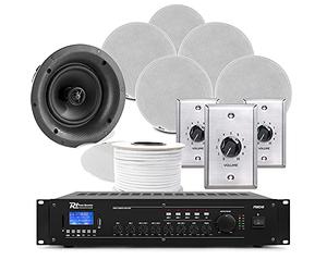 Power Dynamics 3-Zone Commercial Music System - Multi Room Ceiling Speaker Kit with Bluetooth Amplifier, Volume Controls & 6x 8 FCS8 Speakers (240W)