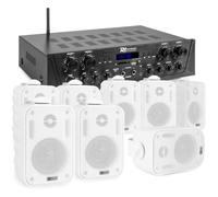 Power Dynamics 4-Zone Bluetooth Mixer Amplifier with 8 Weatherproof Wall Speakers in White, 400W Outdoor Speaker System, USB SD FM Multi Zone Audio with 100m Cable