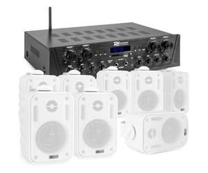 Power Dynamics 4-Zone Bluetooth Mixer Amplifier with 8 Weatherproof Wall Speakers in White, 400W Outdoor Speaker System, USB SD FM Multi Zone Audio with 100m Cable