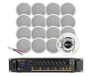 Power Dynamics 4-Zone Ceiling Speaker Bluetooth Audio System - Complete Installation PA Kit with Amplifier & 16x 5-Inch White Speakers for Restaurant, Office, Bar and Retail Store Background Music