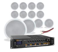 Power Dynamics 4-Zone Ceiling Speaker System with Amplifier - 12x 5 Inch 100V Line Speakers, Bluetooth Mixer Amp & Installation Cable for Office, Restaurant & Commercial PA Background Music Systems