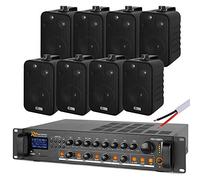 Power Dynamics 4-Zone Wall Mount PA Speaker System with Amplifier, 8x 4 Inch Black Speakers, Bluetooth Mixer Amplifier & 100m Cable for Restaurant, Retail, Café Music