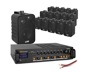 Power Dynamics 4-Zone Wall Mount Speaker System with Bluetooth PA Mixer Amplifier, 16x 4 Black 100V Speakers, Background Music System Ideal for Restaurant, Cafe, Bar, Shop, Office & Commercial Spaces