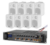 Power Dynamics 4-Zone Wall Mounted PA Speaker System, 8x Compact 4" White Speakers & Bluetooth Mixer Amplifier Set, Ideal Background Music Solution for Cafe, Restaurant & Retail Spaces