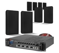 Power Dynamics 4-Zone Wall Speaker System, 8x Ultra-Thin Flat Wall Mount Speakers, 4-Zone Mixer Amplifier, 100m Speaker Cable, Bluetooth, USB, SD, Background Audio/PA, for Commercial Spaces, Black