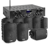 Power Dynamics 4-Zone Wall Speaker System with Bluetooth Mixer Amplifier, 8 Black Indoor Outdoor Speakers, 400W Multi Zone Audio System, USB, FM, 100m Cable