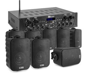 Power Dynamics 4-Zone Wall Speaker System with Bluetooth Mixer Amplifier, 8 Black Indoor Outdoor Speakers, 400W Multi Zone Audio System, USB, FM, 100m Cable