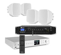 Power Dynamics 4x PD BD30TW 3" Wall Mount Speakers, PRM60 100V Mixer Amplifier with Bluetooth, Audizio Adria DAB/Internet Radio, Spotify Media Player & 50m of Cable - Indoor/Outdoor Sound System