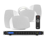 Power Dynamics 4x White Wall Mounted Speaker System with PDC90 Media Amp - Weatherproof Outdoor Speakers, Commercial Music System for Restaurant & Cafe, DAB+ Radio, Bluetooth, IPX5 Rated
