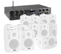 Power Dynamics 6-Zone Bluetooth Mixer Amplifier with 12 Weatherproof Wall Speakers, 600W Multi Zone Audio System, USB, SD, FM, 100m Cable, White Outdoor Speaker System