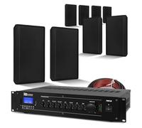 Power Dynamics 8 x Black Flat Wall Speakers System, 100V Line, Bluetooth, PRM120 Mixer Amplifier, 100m Cable, Wall Mountable, for Commercial Public Address & Background Music Solutions