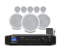 Power Dynamics 8x 5-Inch Ceiling Speaker System & Bluetooth 100V Mixer Amp | 120W amplifier, VOX priority, emergency mute, 100m speaker cable included