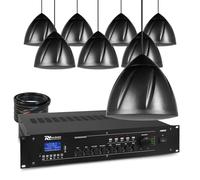 Power Dynamics 8x 6.5” 40W Black Hanging Pendant Speakers with 100V Line Mixer Amplifier, Bluetooth, 4-Zone Control & 100m Heavy-Duty Cable - Complete Commercial Audio PA System