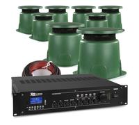Power Dynamics 8x Outdoor Garden Speaker System with Bluetooth Amplifier, IPX5 Waterproof 6.5" 100V Speakers, 360° Sound Coverage, 40m Cable, SD/USB Playback - Home & Commercial Use