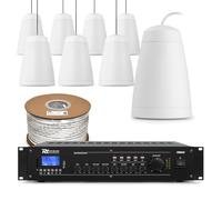 Power Dynamics 8x PD Purity4W Hanging Pendant Speaker System 100V Line with 4 Zone Mixer Amplifier, Bluetooth, USB SD Playback, 100m Cable, Commercial PA Speakers for Shops, Warehouses and Retail
