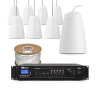 Power Dynamics 8x PD Purity5W Pendant speaker 100V Line PA System with 240W mixer amplifier, Bluetooth, USB SD playback and 100m cable, Commercial Hanging Speakers for shops, warehouses and retail