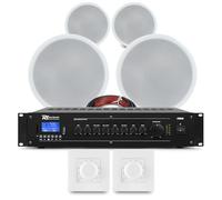 Power Dynamics Bluetooth 2-Zone Ceiling Speaker Kit - Multi Room Background Music System with Mixer Amplifier, Volume Control & 4x 8 Flush Mount Speakers - Restaurant, Bar, Office Installation