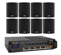 Power Dynamics Bluetooth Background Music System Kit with Amplifier and 8 Weatherproof Black Wall Mount Speakers - 240W 4-Zone Audio Mixer, Outdoor Garden Terrace PA Bundle, Complete with Cable
