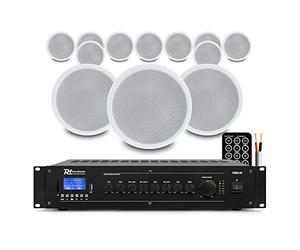 Power Dynamics Commercial Ceiling Speaker System with Bluetooth Amplifier - Complete Restaurant, Office & Warehouse Background Music PA Kit, 12 x 5.25 Speakers, MP3 Media Playback, Microphone Input