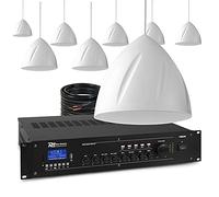 Power Dynamics Hanging Pendant Speaker System Public Address PA Kit - 8 x 5.25" White Speakers, 240W Mixer Amplifier, Bluetooth, Zoned Audio for Warehouse, Retail, Church, Restaurant Installations