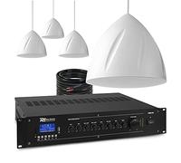 Power Dynamics Hanging Pendant Speaker System with Amplifier - 4 x 5.25 White 100V PA Audio Kit for Warehouse, Restaurants, Retail, Churches - Bluetooth Mixer, Commercial Sound Installation