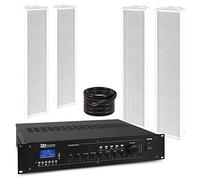 Power Dynamics Outdoor PA System with 4x OCS5 Weatherproof Column Speakers, PRM240 Multi-Zone 100V Mixer Amplifier & Speaker Cable - Commercial Audio for Public Address, Garden & Venue Installations