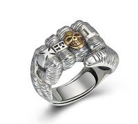Power Fist Ring For Men, Vintage Gothic Cuff Skeleton Head Opening Adjustable Oxidized Domineering Fist Statement Skull Hammering Gesture Hip Hop Ring Jewelry Gifts for Men