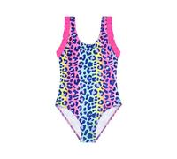 POWER FLOWER Girls One Piece Swimsuit Leopard Print, Kids Ruffle Shoulder Swimwear with Back Bow, Quick Dry Lined Bathing Suit for Beach Pool Holiday (Ages 2-10) (4-6 Years, LA722-Blue Leopard)