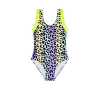 POWER FLOWER Girls One Piece Swimsuit Leopard Print, Kids Ruffle Shoulder Swimwear with Back Bow, Quick Dry Lined Bathing Suit for Beach Pool Holiday (Ages 2-10) (6-8 Years, LA722-Neon Leopard)
