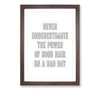 Power of Good Hair Typography Framed Print | A2 Walnut Framed Wall Art | Ready to Hang | Modern Positive Affirmations Picture | Living Room Bedroom Lounge Office